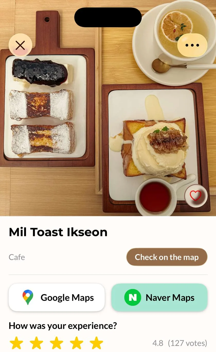 Details of Mil Toast Ikseon café with Google Maps and Naver Maps buttons