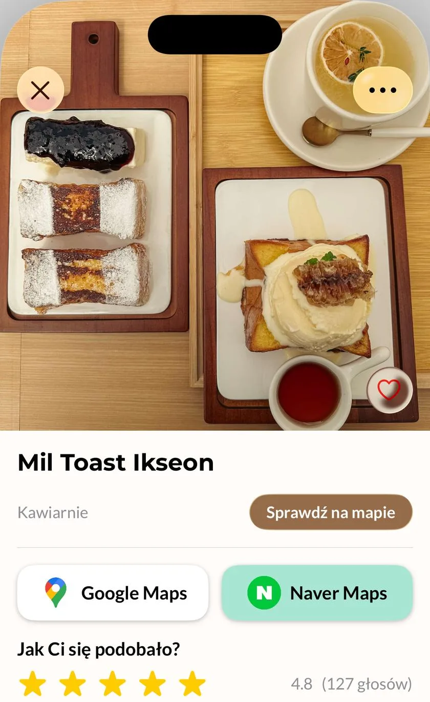 Szczegóły kawiarni Mil Toast Ikseon z przyciskami Google Maps i Naver Maps