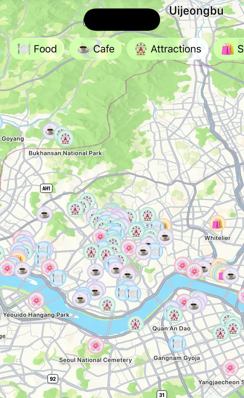 Map of spots in Seoul in the Korea Trip app