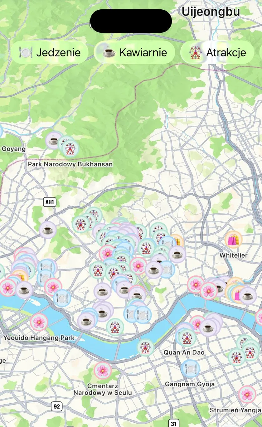 Mapa z miejscami w Seulu w aplikacji Korea Trip