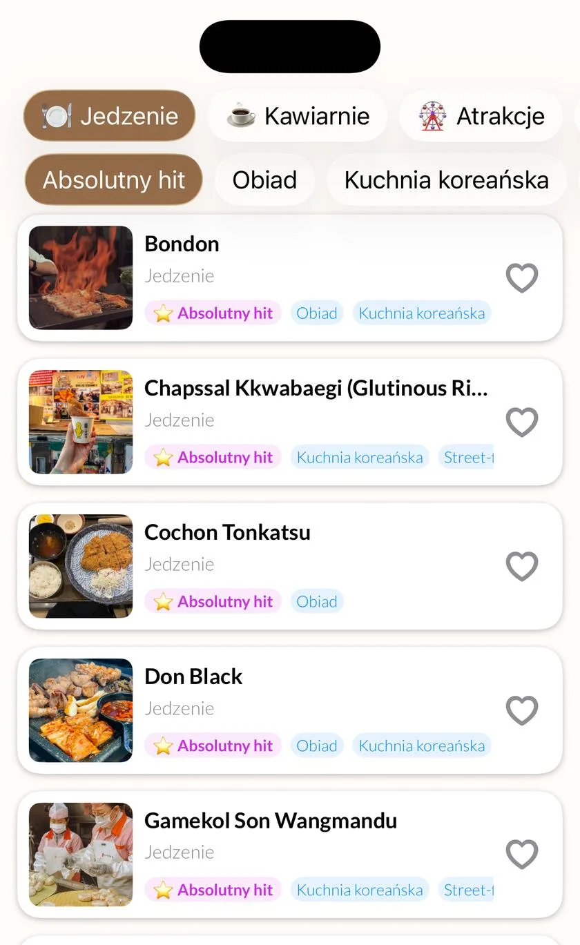 Lista miejsc z filtrami kategorii